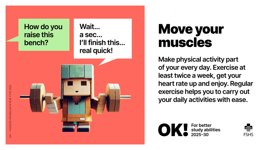 A character is doing squats while someone asks them to help them raise a bench. 