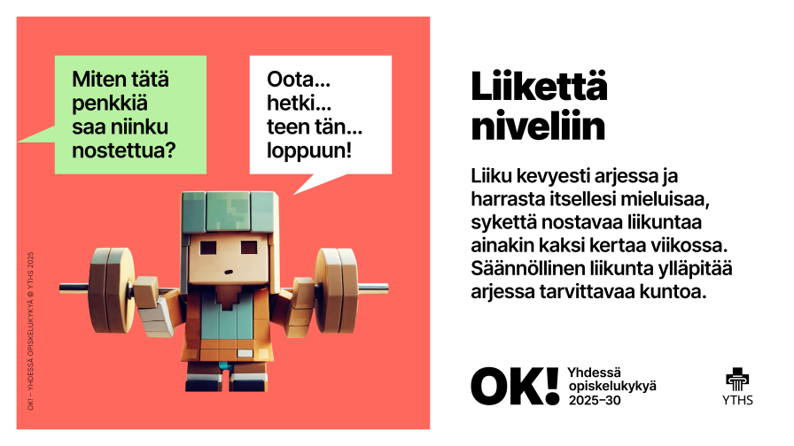 Hahmo kantaa levypainoja, kun toinen hahmo pyytää häntä apuun penkin nostamisen kanssa. 