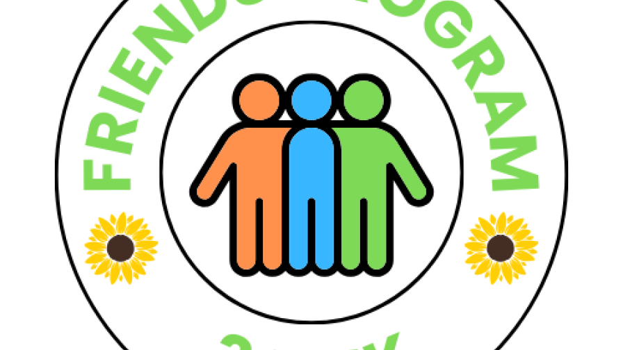 Friends Program logo - 3 hahmoa tukevat toisiaan olkapäistä